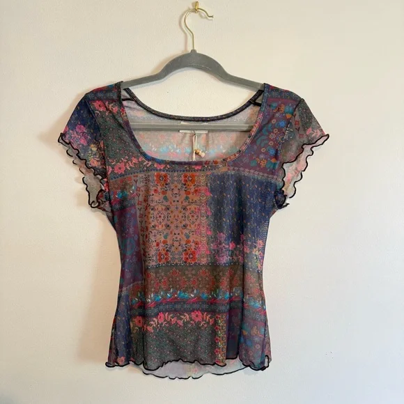 Natural Life Women Sheer Mesh Top Size M Square Neck Lettuce Hem Floral Boho NWT - Picture 1 of 7